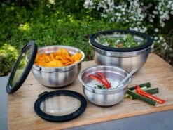 Grillfürst BBQ 3er Edelstahlschüssel Set Mit Glasdeckel -Camping Geschäft Grillfuerst Edelstahlschuessel Set mit Glasdeckel